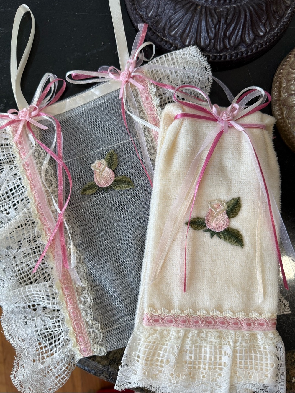 Hand Crafted Towel & Spare Toilet Paper Holder with Rose Appliqué & Lace Trim